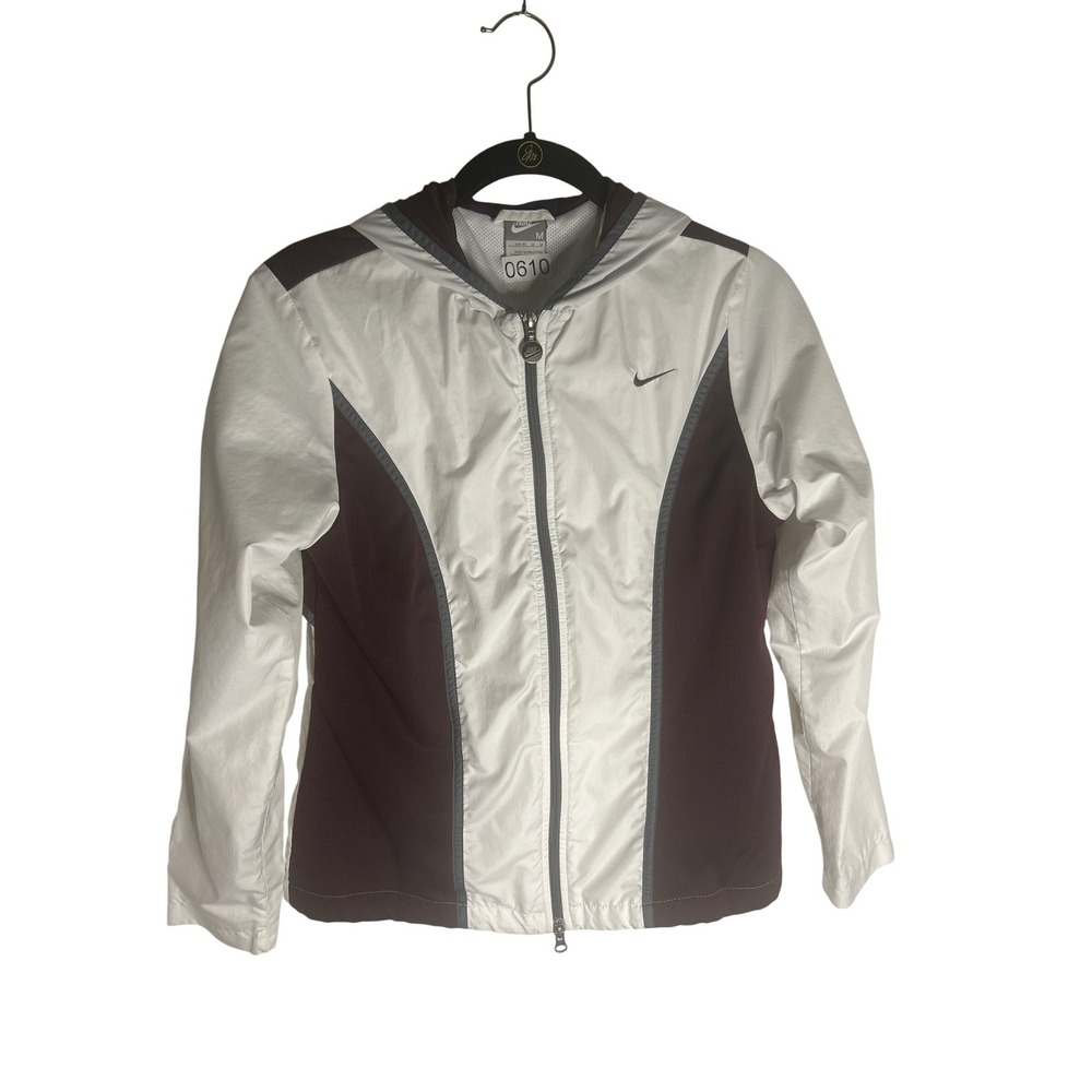 Nike Womens Hooded Windbreaker Jacket White Burgundy Mesh Lined Size M